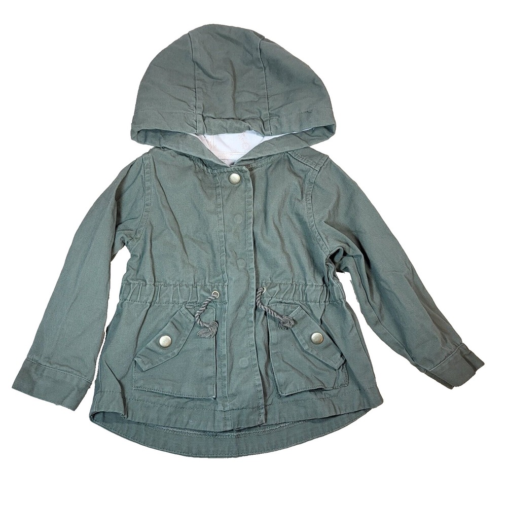 Aspen Cotton Hooded Jacket Olive Green Drawstring Waist Lined Gold Snaps 18M‎